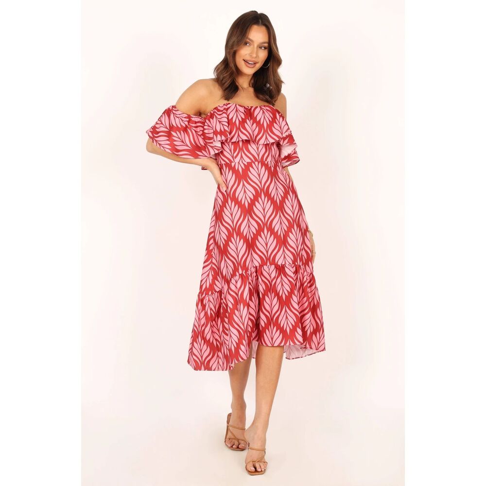 PETAL & PUP Neoma Strapless Patterned Midi Dress Pink Small - Picture 1 of 6